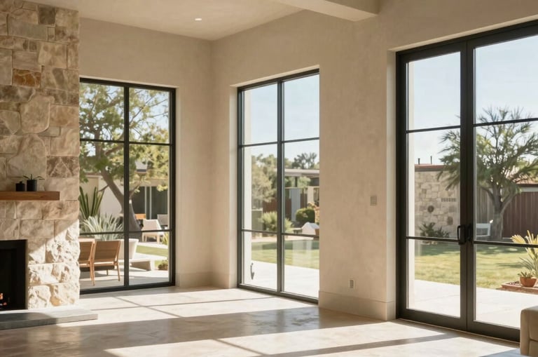 Sun-drenched modern West Texas home interior, clean lines, warm limestone walls, natural light pouring through large windows.
