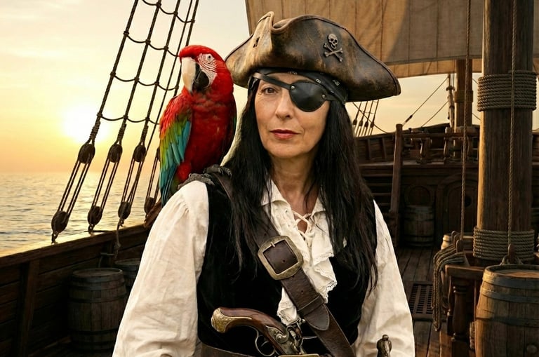 Female pirate with an eye patch and tricorn hat posing with a red parrot on a wooden ship deck.