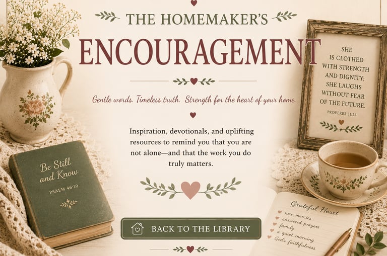 The Homemaker's Encouragement graphic featuring a Bible, tea, and floral decor with uplifting Christian quotes.