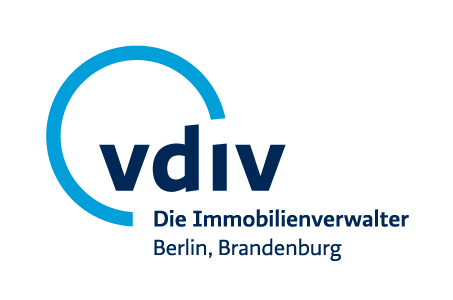 Text vdiv die Immobilienverwalter Berlin Brandenburg und ein dreiviertel Kreis in blau um das vdiv