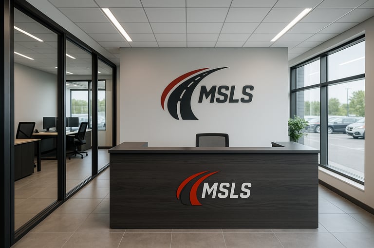 MSLS biuro priėmimo zona su logotipu, pabrėžiant profesionalumą.