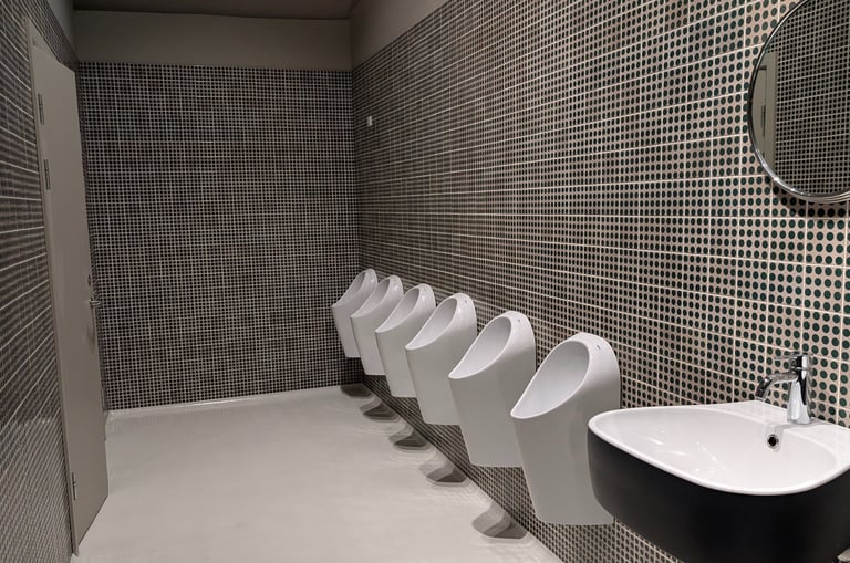Modern unisex restroom interior—minimalist design, open space, six urinals visible