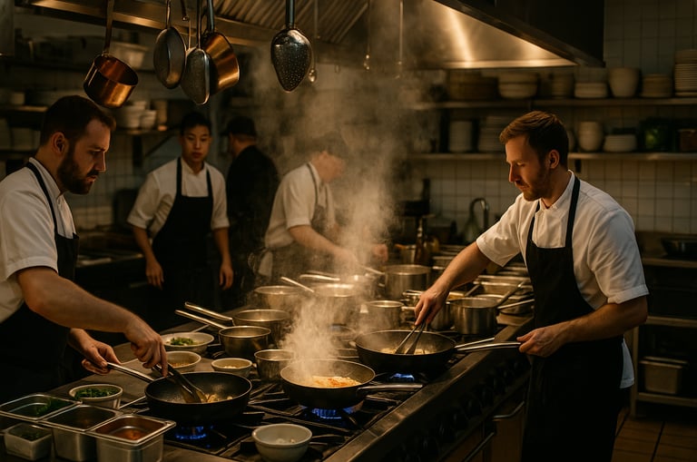 bustling restaurant kitchen—steam rising, chefs in motion, vibrant and slightly chaotic atmosphere