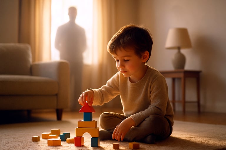 Niño jugando con bloques en una sala iluminada por luz cálida, con la sombra de un adulto al fondo.