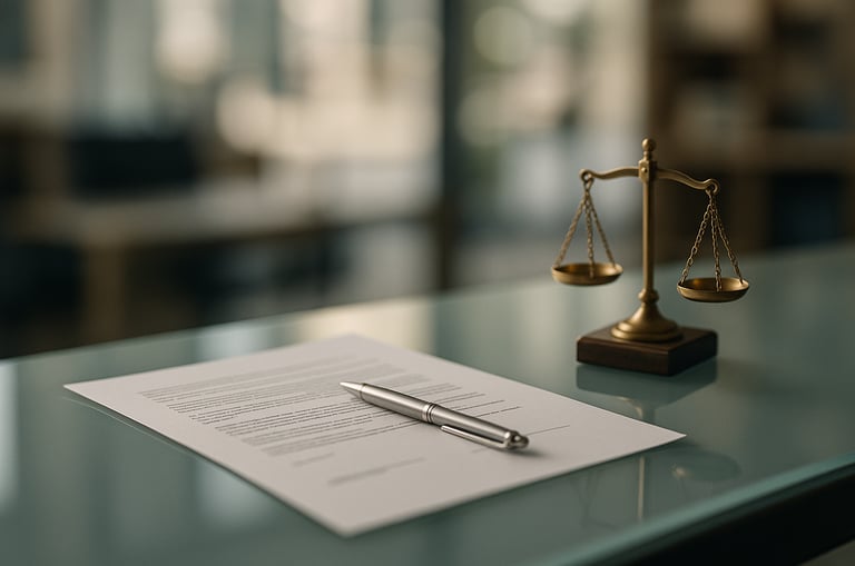 Documento legal con bolígrafo sobre una mesa de cristal junto a una balanza dorada.