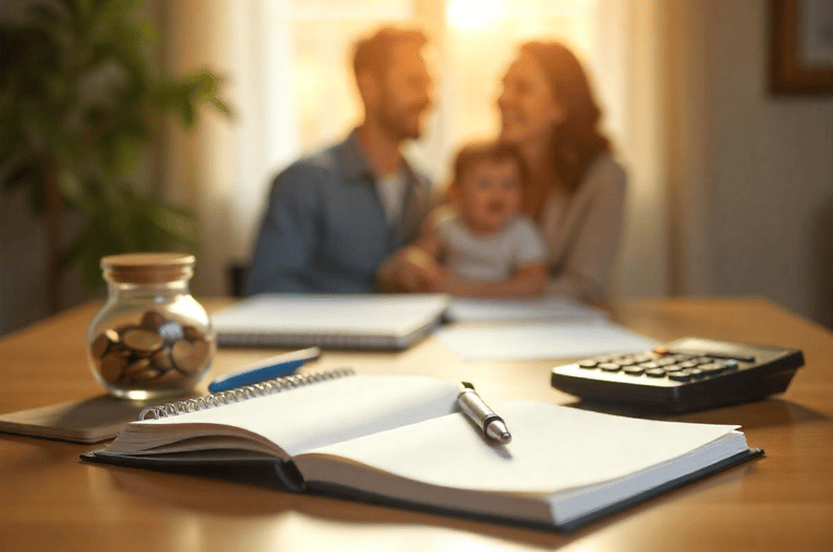 Planificación familiar, con elementos de ahorro y una familia al fondo que transmite bienestar.