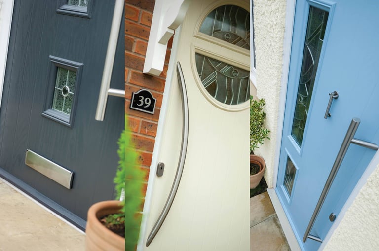 grey composite door with long handle, cream door with pattern glass, duck egg blue composite door
