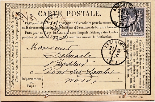 1877: Carte de BERLAIMONT (Bureau de direction) vers PONT-SUR-SAMBRE (commune rurale) 