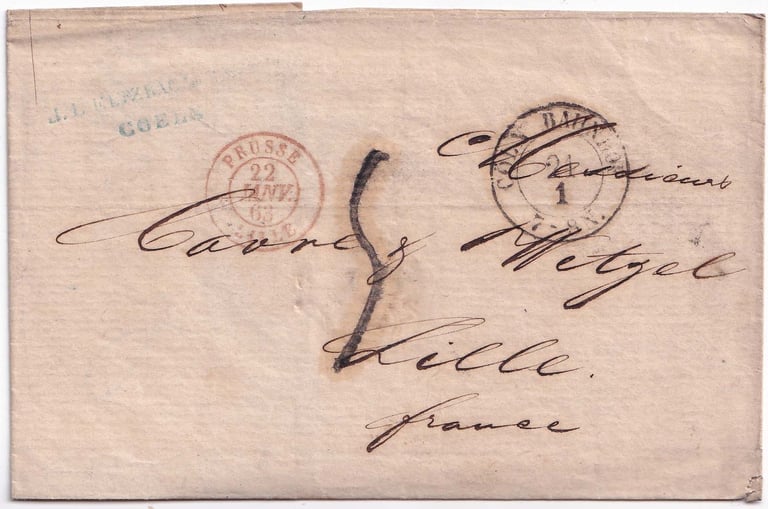 1863, lettre en port dû de COLOGNE à LILLE.
