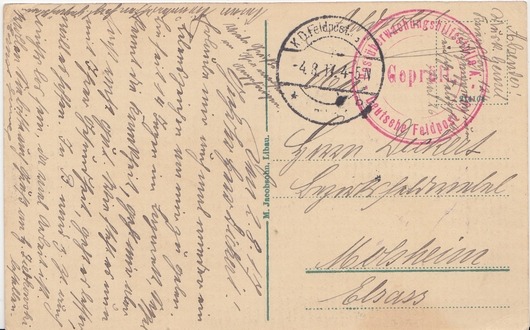 4. August 1917, Postkarte eines elsässischen Soldaten, der im Kriegslazarett Nr. 124 in LIBAU