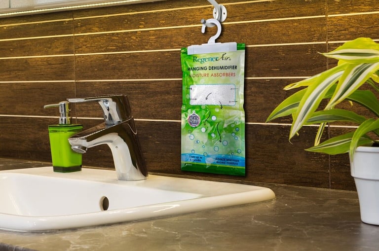 deodoriaer hanging bag on a benchtop in a laundry 