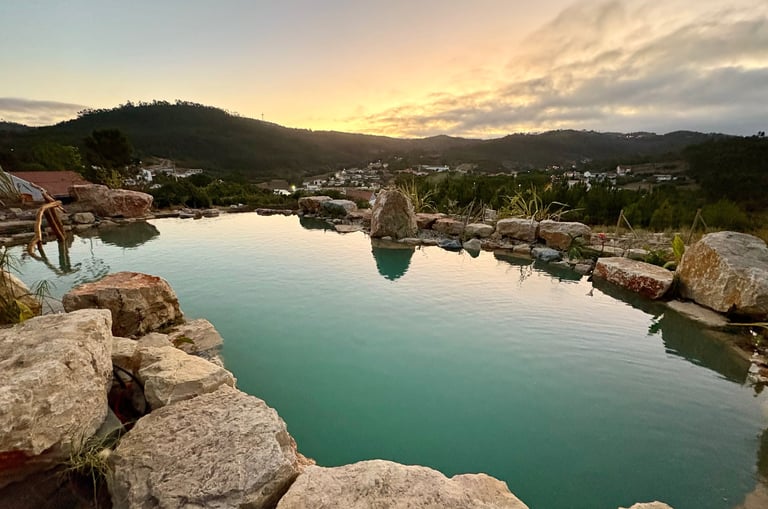 Limestone natural pool, custom wood railing, stone steps & large diving stone | Lisbon | Aqua Vitae