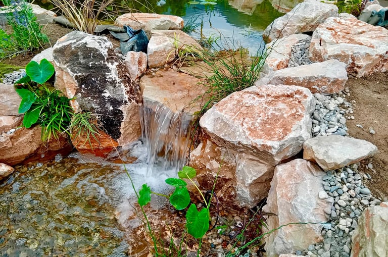 Upflow wetland filtration with limestone waterfall spilling into stream | Aqua Vitae natural pool