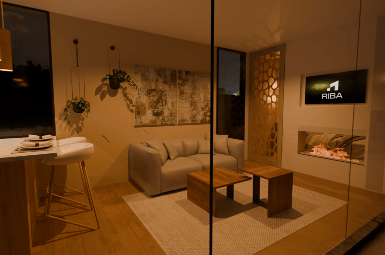 Interior de vivienda de construcción modular con salón moderno y diseño contemporáneo