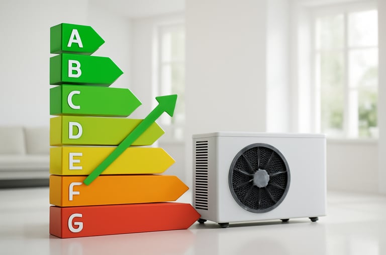 image d'une pompe à chaleur avec les classements DPE