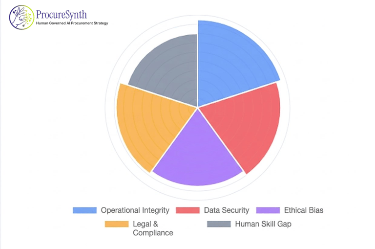 A circular polar chart from ProcureSynth showing AI procurement strategy risks like Ethical Bias and Data Security.