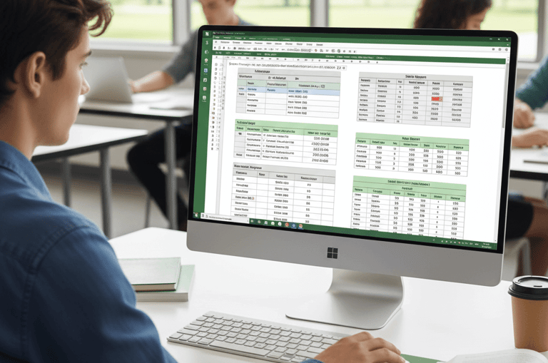 Students working on Excel spreadsheets in a computer lab with desktop systems