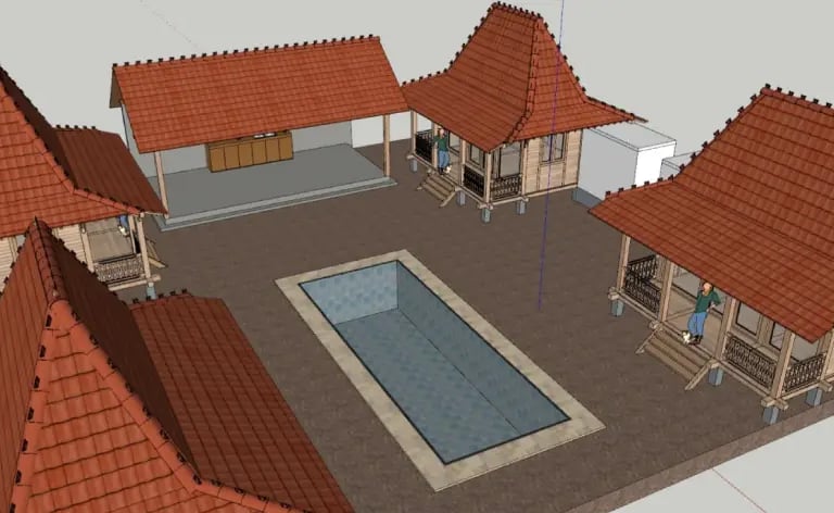 Complex 4 joglos, terrasse avec cuisine exterieure et piscine