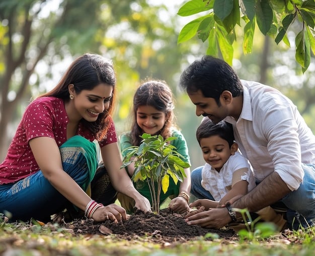 a family of three children are planting a tree