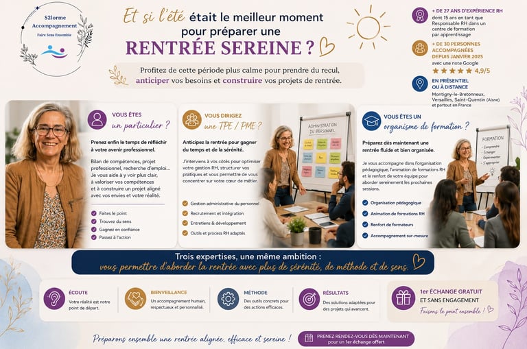 Infographie S2Lorme Accompagnement présentant des services de coaching RH et formation pour préparer la rentrée sereine.