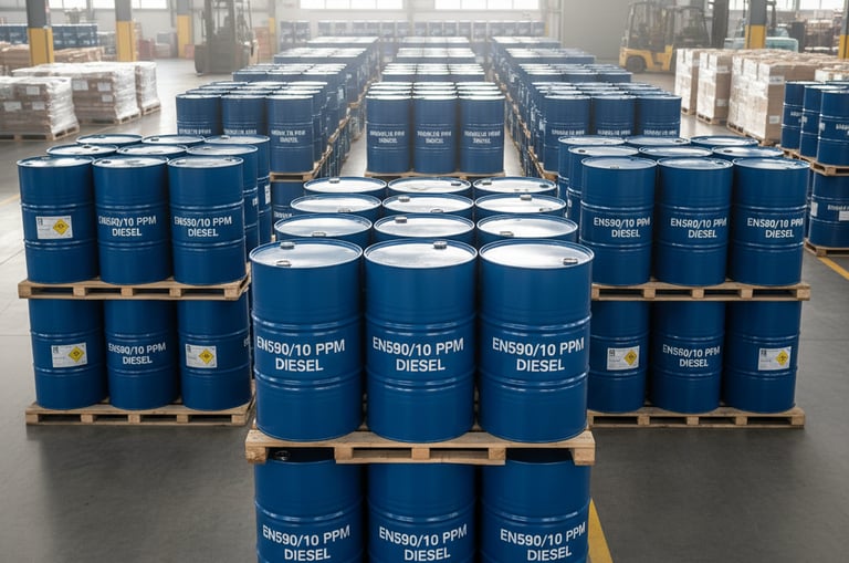 a large amount of barrels of EN590/10PPM Dieselstacked on pallets