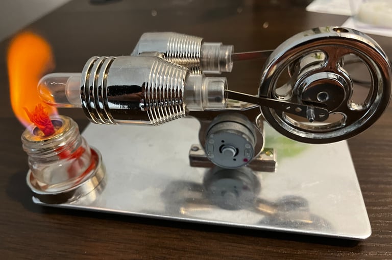 Stirling engine under a methanol flame