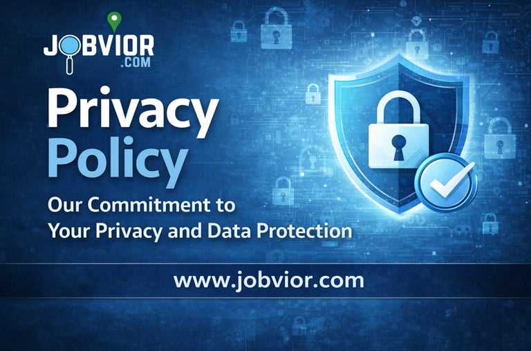 Privacy Policy banner for Jobvior.com featuring the Jobvior logo in the top left, large “Privacy Pol