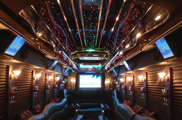 30-40 passengers party bus interior along with amenities in NJ, NY, MA and CT