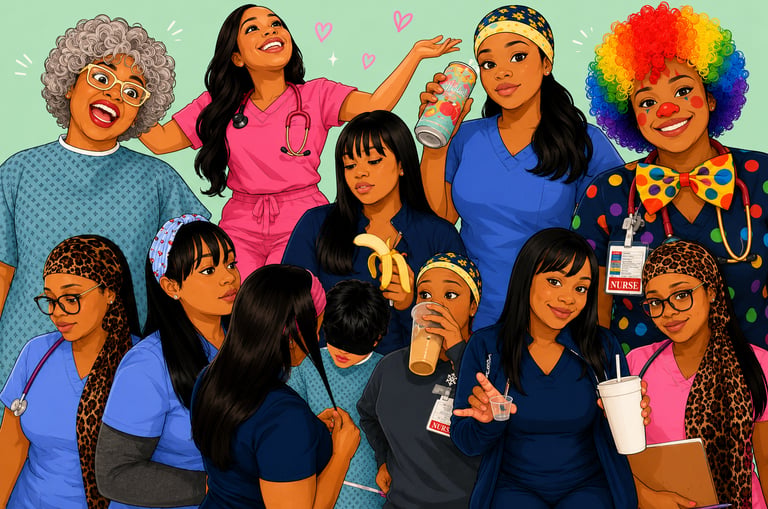 Creative editing process transforming nursing comedy characters into polished digital artwork and visual storytelling.