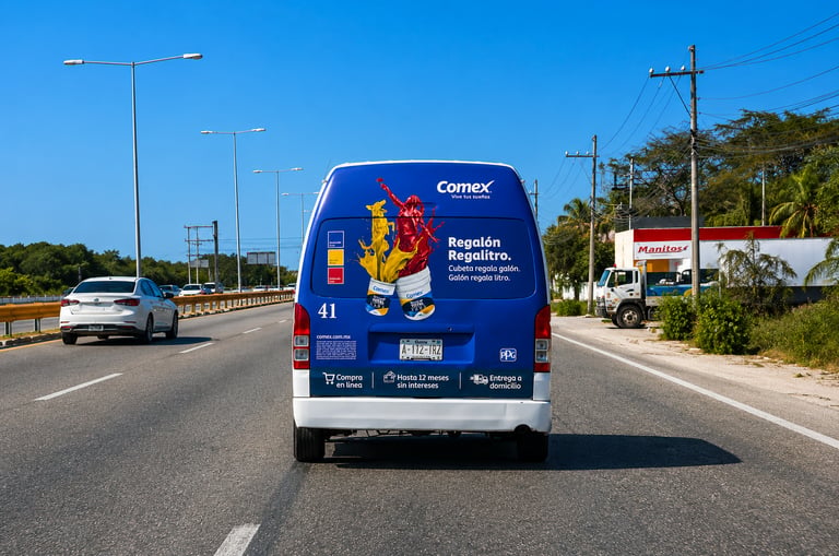A blue Comex paint delivery van driving on a highway with promotional graphics on the rear door.