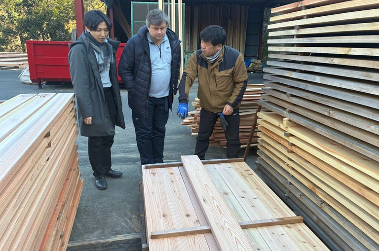 Quality control inspection of stacked sugi wood planks at a professional lumber yard facility.