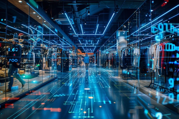a man walking through a store with a futuristic display of electronic devices