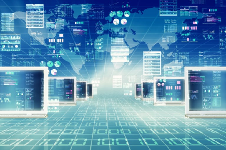 a laptop computer monitor with a world map on the screen