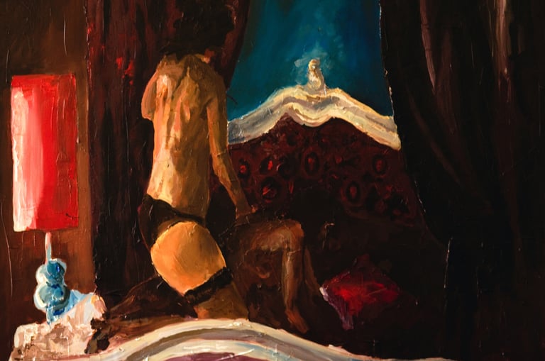 a painting of two women in a bed