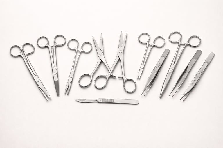 Surgical instruments including scissors, forceps, and scalpels on a white background.