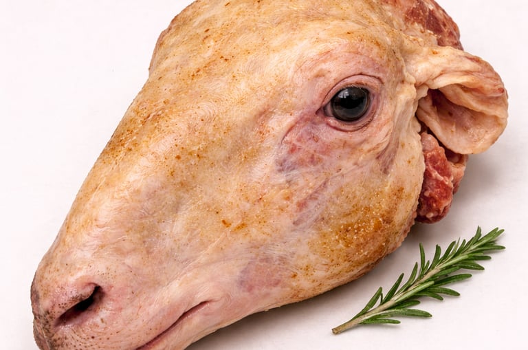 Whole sheep head with skin, used in traditional recipes