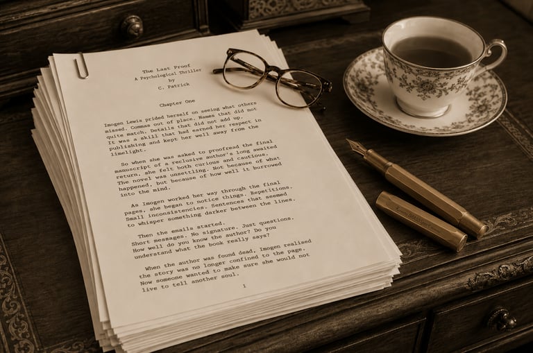 A full manuscript on an old desk with some reading glasses, fountain pen, and a cup of tea