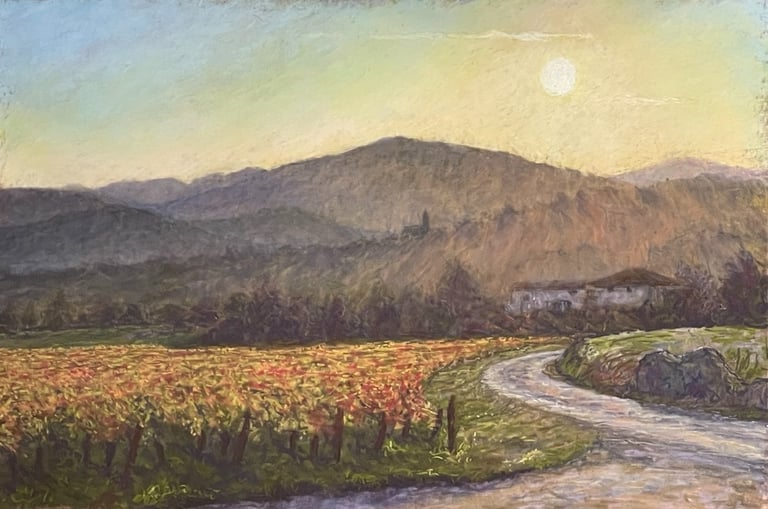 Tableau au pastel - Coucher de soleil sur Bully