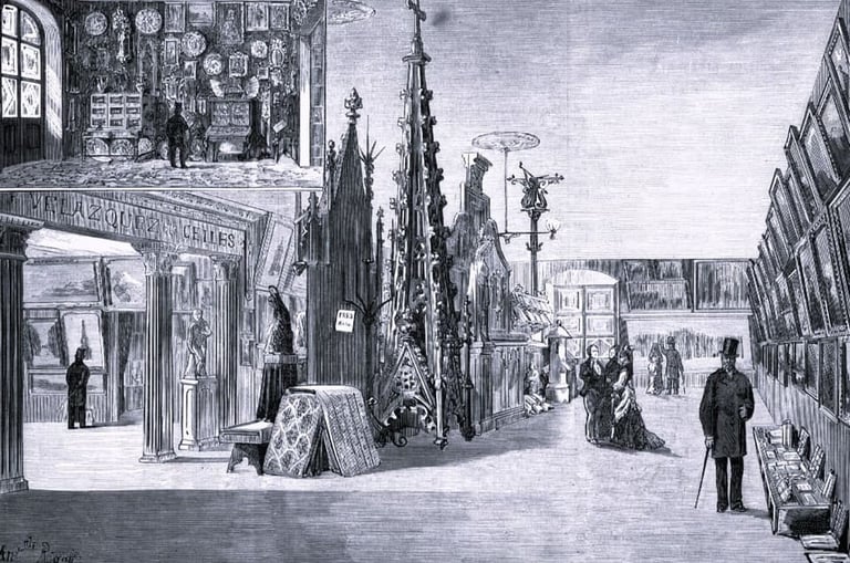 Grabado antiguo del interior de la Exposición Artístico Industrial de Barcelona de 1876
