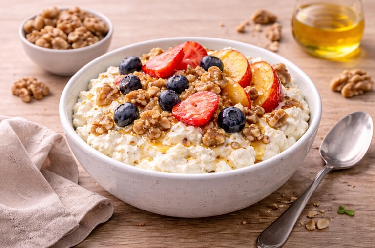 Bol de requesón con nueces, fruta fresca y un toque de miel, desayuno saludable alto en proteína.