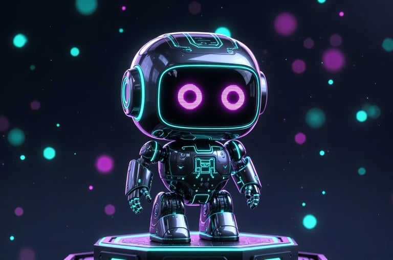 Cute futuristic AI robot with glowing purple eyes and neon cyan lights on a dark bokeh background.