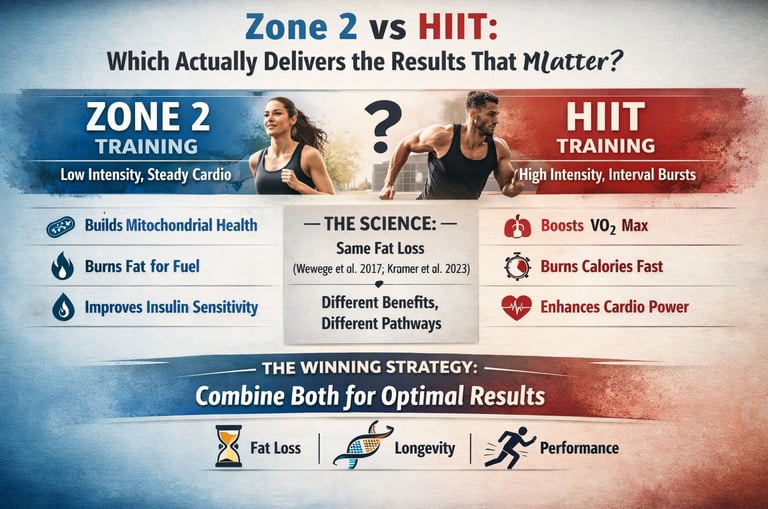 Infographic comparing Zone 2 training and HIIT, highlighting differences in intensity, fat loss mech