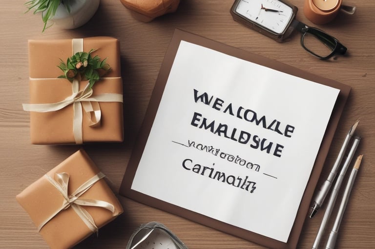 A variety of sleek corporate gifts including branded mugs, notebooks, and pens arranged on a wooden table.