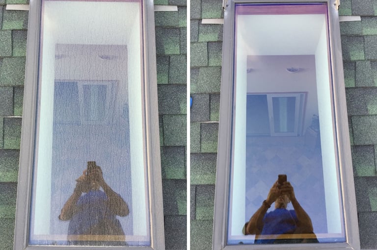 Nettoyage professionnel de fenêtre de toit Velux - avant/après - Résultat impeccable Cleanwave