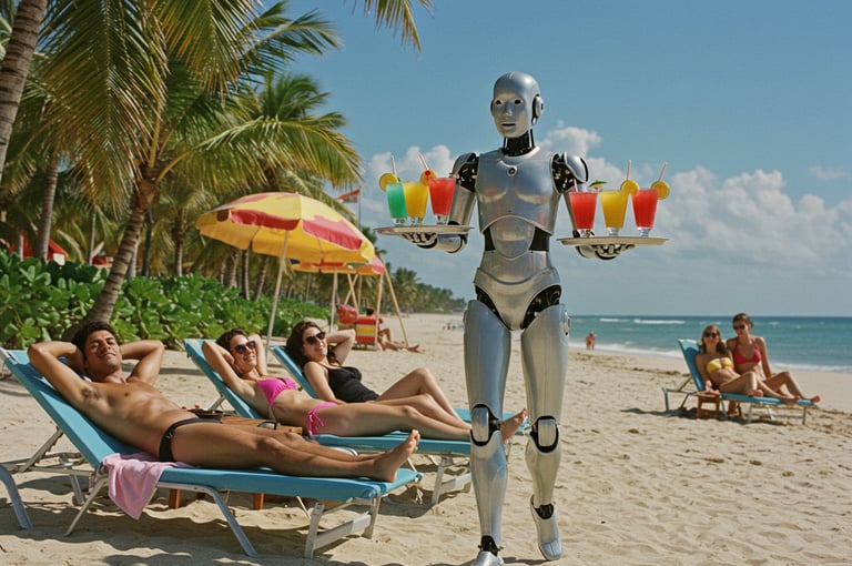 Robot sirviendo trabajos en una playa ¿Nos vamos a quedar sin trabajo? ¡¿Qué hacemos?!