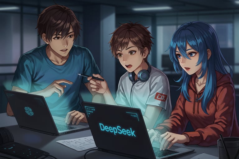 DeepSeek team, a group of people sitting around a laptop