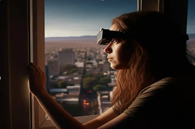 a woman wearing a virtual reality headset and a virtual reality headset
