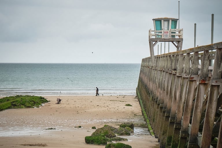 a person walking on a beach near a wooden pier