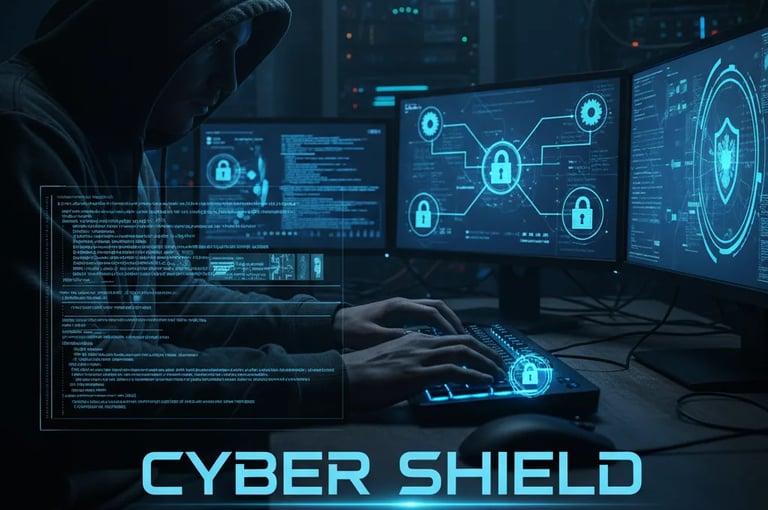 Digital cyber shield graphic with security interface on multiple screens