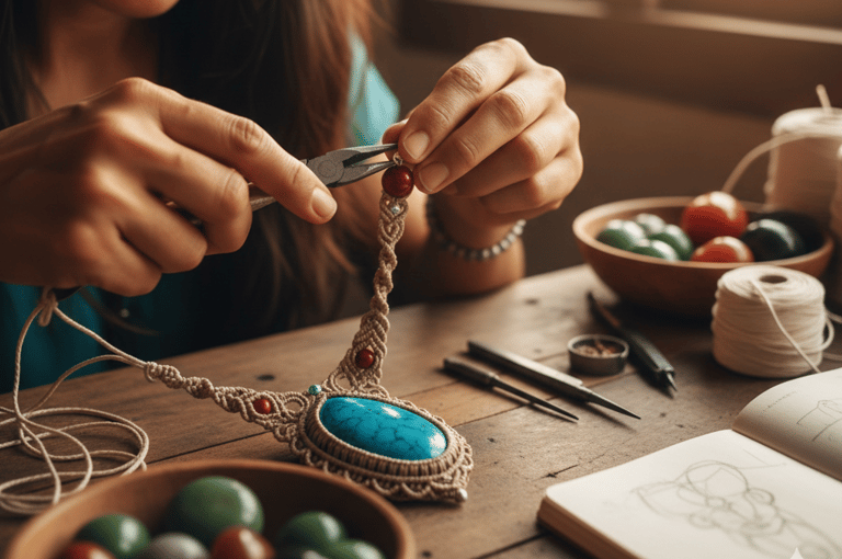 Mujer artesana usando pinzas de joyería para elaborar un collar de macramé hecho a mano con piedra